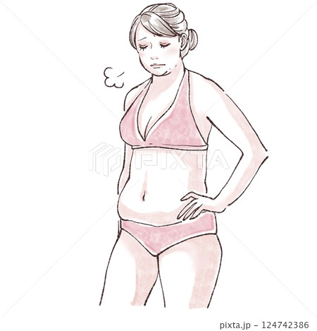 水着の女性/女性のお腹/腸活/便秘/脱毛/ダイエット/ウエスト/くびれ/シェイプアップ/皮下脂肪/ 124742386