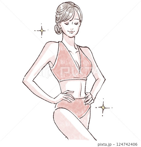 水着の女性/女性のお腹/腸活/便秘/脱毛/ダイエット/ウエスト/くびれ/シェイプアップ/皮下脂肪/ 124742406