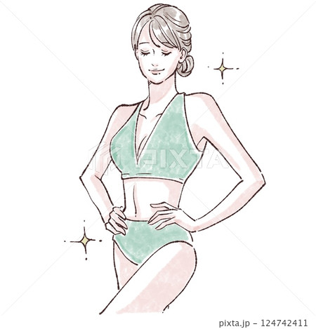 水着の女性/女性のお腹/腸活/便秘/脱毛/ダイエット/ウエスト/くびれ/シェイプアップ/皮下脂肪/ 124742411