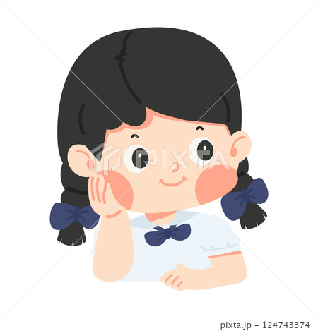 Cute Cartoon Girl with Braids and Bow 124743374