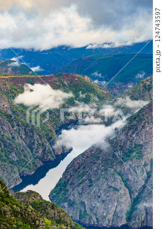 Mountain view. Clouds over river Sil Canyon, Galicia Spain. 124743597