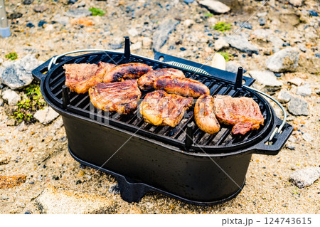 Grilled meat on barbecue grill 124743615