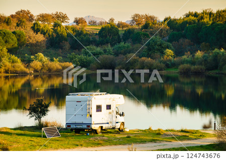 Rv caravan on nature. Autumn time. Rv caravan on nature. Autumn time. 124743676