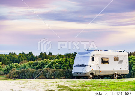 Caravan with thermal screen blind outdoors Caravan with thermal screen blind outdoors 124743682