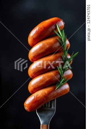 Artisanal Charcuterie Elegance A Vertical Symphony of Glazed Sausages Adorned with Aromatic Rosemary on Vintage Cutlery 124743701