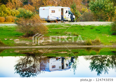 Camper rv camping at lake shore. Alentejo Portugal. Camper rv camping at lake shore. Alentejo Portugal. 124743859