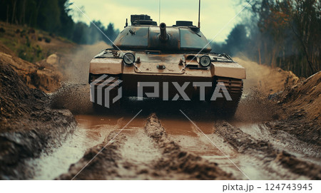 Tank maneuvers through rugged terrain, splashing mud with powerful treads during military exercise 124743945