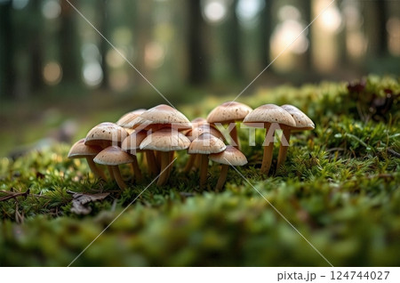 Ephemeral Forest Dwellers The Quiet Congregation of Woodland Fungi Emerging from Nature's Verdant Carpet 124744027