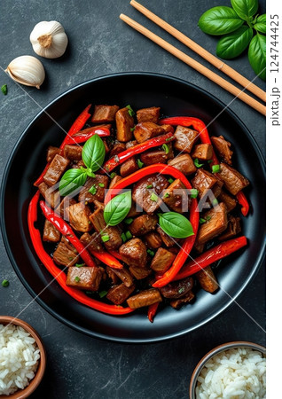 Aromatic Basil-Infused Beef Stir-Fry with Sweet Peppers A Harmonious Blend of Eastern Culinary Traditions Presented on Contemporary Tableware 124744425