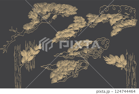 Black and white bonsai tree or pine tree elements. Japanese background with Asian traditional icon vector. Natural art with brown background in vintage style. Black and white bonsai tree or pine tree elements. Japanese background with Asian traditional icon vector. Natural art with brown background in vintage style. 124744464