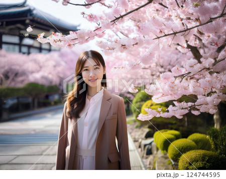 桜咲く公園を歩く若い日本人女性 124744595