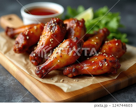 Artisanal Presentation of Flame-Kissed Caramelized Chicken Wings with Homemade Dipping Sauce on Rustic Wooden Board 124744603