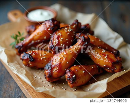 Artisanal Presentation of Flame-Kissed Caramelized Chicken Wings with Homemade Dipping Sauce on Rustic Wooden Board 124744606