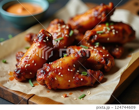 Artisanal Presentation of Flame-Kissed Caramelized Chicken Wings with Homemade Dipping Sauce on Rustic Wooden Board 124744609