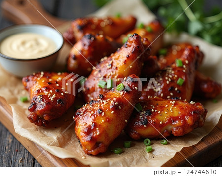 Artisanal Presentation of Flame-Kissed Caramelized Chicken Wings with Homemade Dipping Sauce on Rustic Wooden Board 124744610