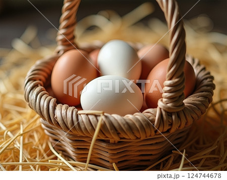 Heritage Harvest Freshly Gathered Farm Eggs Nestled in Handwoven Basket Upon Golden Straw Bedding Reminiscent of Traditional Countryside Living Heritage Harvest Freshly Gathered Farm Eggs Nestled in Handwoven Basket Upon Golden Straw Bedding Reminiscent of Traditional Countryside Living 124744678