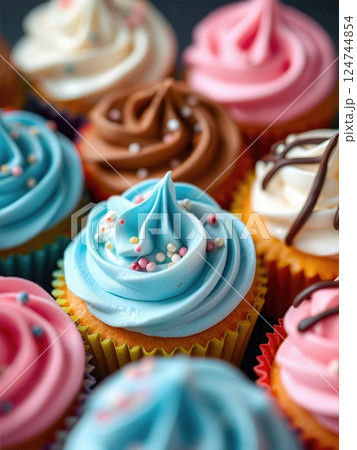 Delectable Kaleidoscope of Artisanal Mini Cupcakes with Whipped Frosting Swirls and Festive Decorations 124744854