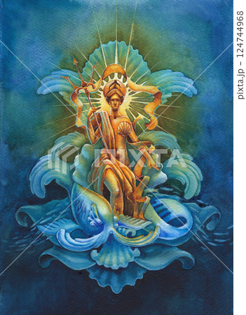 Watercolor Amphitrite, the Greek sea Goddess seated on her ocean throne 124744968