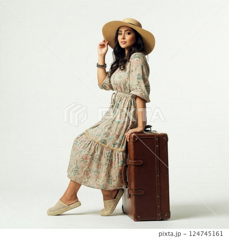 Wanderlust Elegance  Stylish Traveler with Straw Hat and Vintage Luggage Against Minimalist Background 124745161