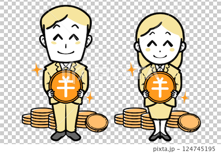 Smiling young man and woman in suits holding Japanese yen coins 124745195