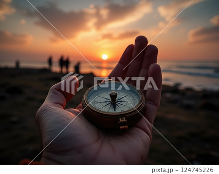 Traveler Navigating the Alpine Crossing A Journey Through Mountain Wilderness seaside and more with a compas in hand  124745226