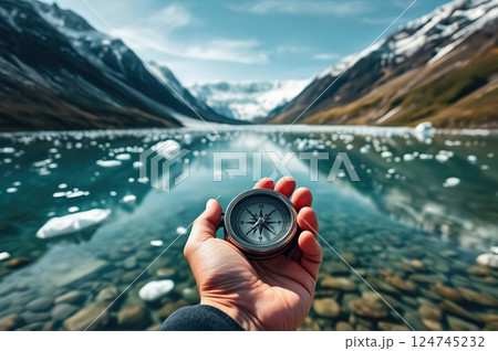 Traveler Navigating the Alpine Crossing A Journey Through Mountain Wilderness seaside and more with a compas in hand  124745232