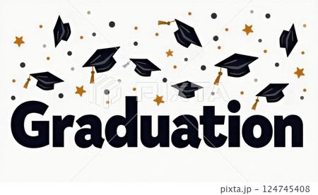 This image features the word Graduation in bold black text, with multiple black graduation caps scattered above it. The caps have gold tassels and are accompanied by gold stars and gray. 124745408
