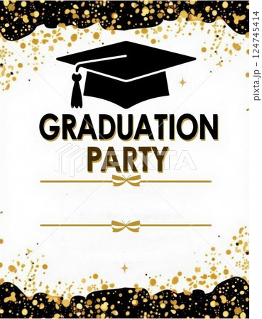 This image is an invitation design for a graduation party. It features a black graduation cap icon at the top, with the words GRADUATION PARTY in bold letters below.  124745414