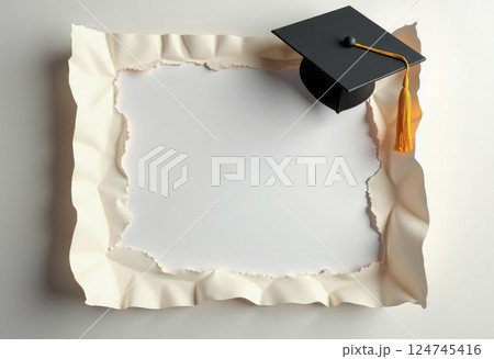 This image features a blank white paper with torn edges surrounded by a cream-colored fabric frame. In the upper right corner, a black graduation cap with a golden tassel is positioned.  124745416