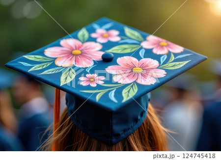 This image showcases a beautifully decorated graduation cap. The cap's top is painted a deep teal blue and adorned with vibrant pink flowers and green leaves in a folk art style.  124745418