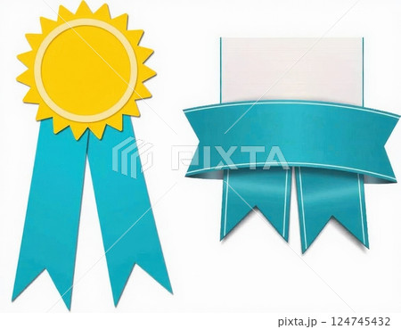 This image features two award ribbon designs. On the left is a bright yellow rosette with a sun-like appearance, featuring a circular center surrounded by pointed rays.  124745432