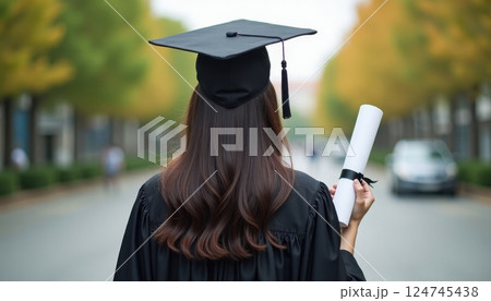 This image depicts a female graduate from behind, wearing a black graduation gown and mortarboard cap. She is holding a rolled diploma in her right hand.  124745438