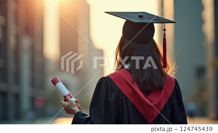 This image captures a graduate from behind, wearing a black graduation gown with a red sash and a mortarboard cap. The graduate is holding a rolled diploma in her right hand.  124745439