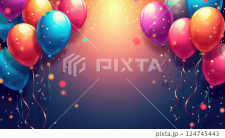 This vibrant image depicts a festive scene with colorful balloons floating against a gradient background. The balloons, in shades of red, pink, purple, blue, and orange. This vibrant image depicts a festive scene with colorful balloons floating against a gradient background. The balloons, in shades of red, pink, purple, blue, and orange. 124745443