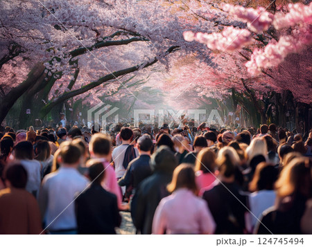 多くの人々で賑わう桜満開の公園 124745494