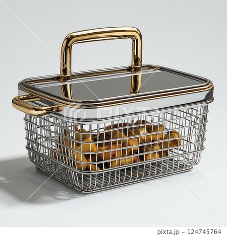 Elegant modern wire basket with golden handle for stylish kitchen organization 124745764