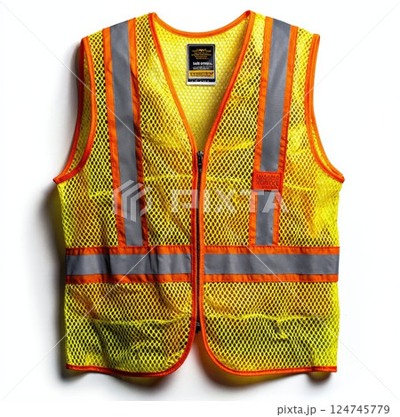 High-visibility reflective safety vest for construction and road work with bright neon yellow and orange design 124745779