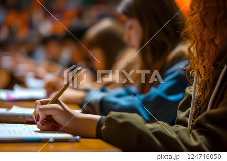 Close up, concept of students studying in a classroom lecture 124746050