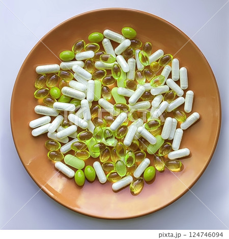 Medical pills and herb capsules on plate Medical pills and herb capsules on plate 124746094