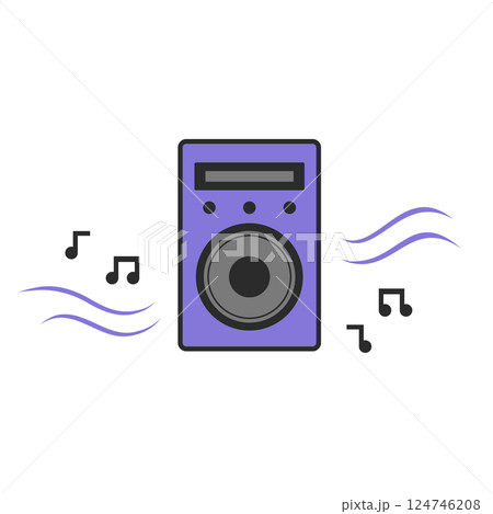 Bright purple speaker playing music with notes around it Bright purple speaker playing music with notes around it 124746208