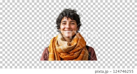 Smiling Woman In Orange Scarf. Warmth And Comfort In Fashion Portrait Isolated On Transparent Background 124746255