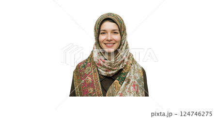 Smiling Woman In Colorful Hijab. Cultural Expression And Fashion Isolated On Transparent Background 124746275