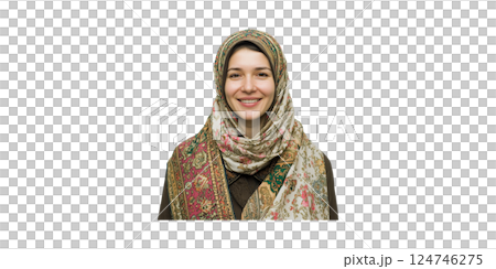 Smiling Woman In Colorful Hijab. Cultural Expression And Fashion Isolated On Transparent Background 124746275