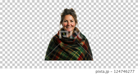 Smiling Woman Wrapped In Tartan Blanket. Warmth And Comfort In Cozy Winter Attire Isolated On Transparent Background 124746277
