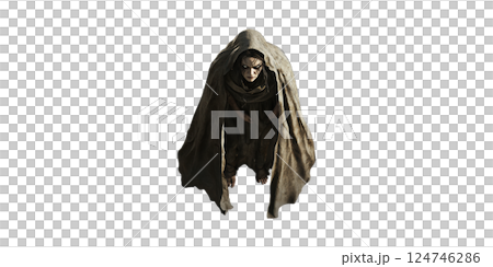 Mysterious Hooded Figure In Tattered Cloak. Enigmatic And Dark Fantasy Character Isolated On Transparent Background Mysterious Hooded Figure In Tattered Cloak. Enigmatic And Dark Fantasy Character Isolated On Transparent Background 124746286