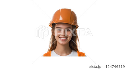 Smiling Female Construction Worker In Orange Hard Hat. Safety And Engineering Concept Isolated On Transparent Background 124746319