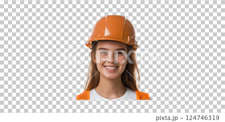 Smiling Female Construction Worker In Orange Hard Hat. Safety And Engineering Concept Isolated On Transparent Background 124746319