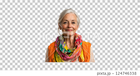 Elderly Woman Smiling In Colorful Scarf. Embracing Aging With Style And Confidence Isolated On Transparent Background 124746338