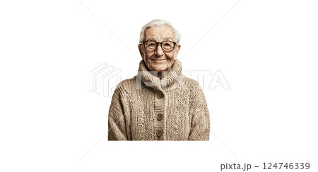 Elderly Woman In Cozy Sweater Smiling. Warmth And Comfort In Senior Lifestyle Portrait Isolated On Transparent Background 124746339