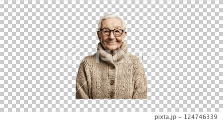 Elderly Woman In Cozy Sweater Smiling. Warmth And Comfort In Senior Lifestyle Portrait Isolated On Transparent Background 124746339
